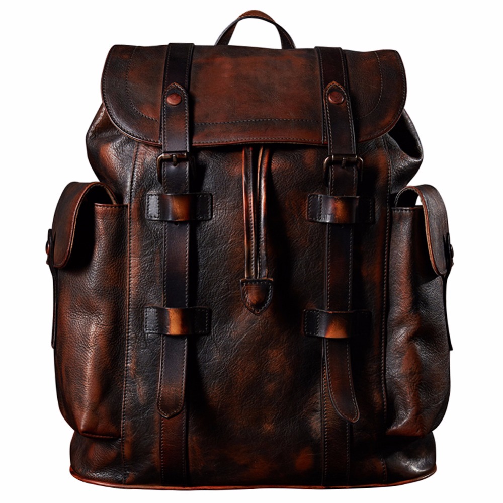 Backpack Luxury Mens 100% Cow Leather Bag Dark Brown Simple Military Style Travel Bag Large ...