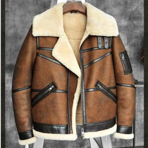 Men's Shearling Jacket Long Style B3 Flight Jacket Double Collar Design ...