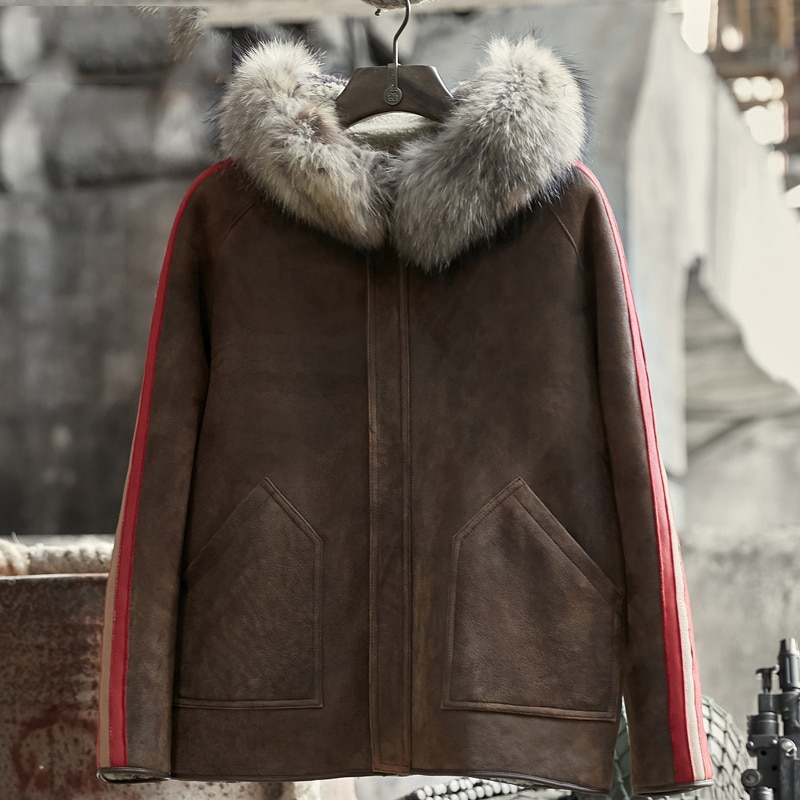 Raccoon Fur Collar Hooded Mens Shearling b3 Sheepskin Coat Short