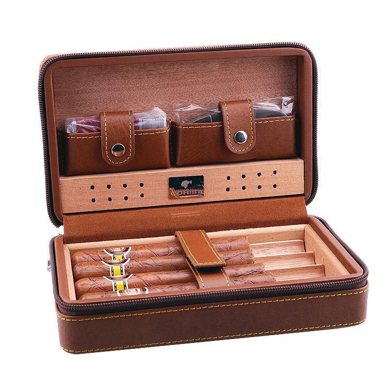 COHIBA Luxury Leather Cedar Wood Humidor Humidifier With Cutter Lighter