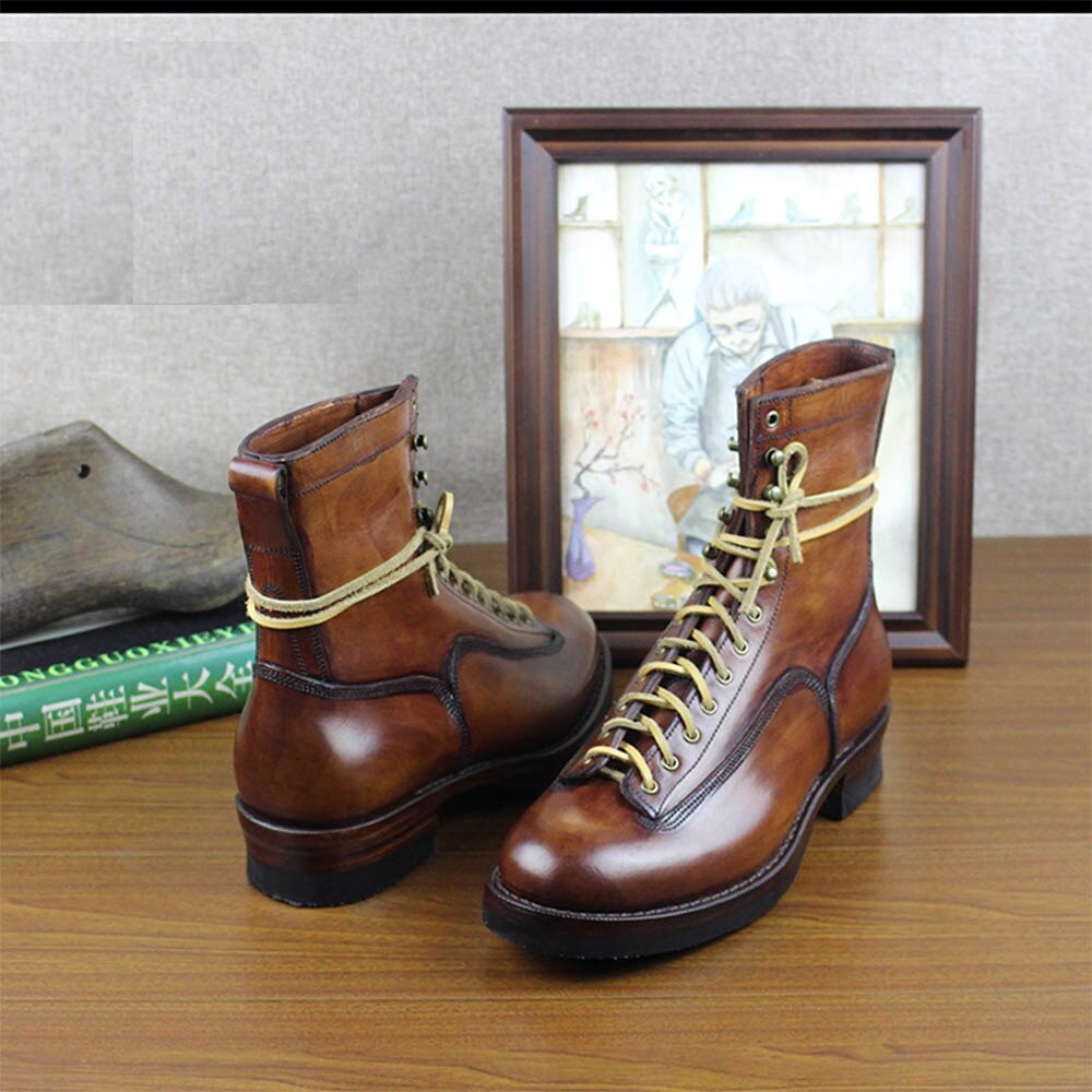 Handmade Welted Boots High-Quality Men’s Leather Mid-Calf Boots With Thick Non-Slip Rubber