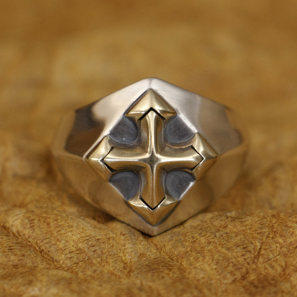 Two-Tone Brass Cross Ring in Solid 925 Silver